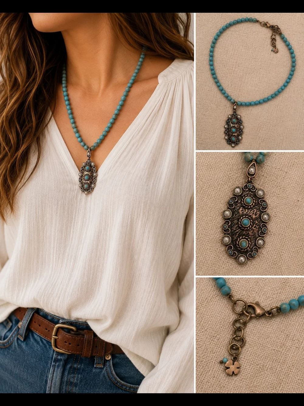 Lucky Brand Turquoise Beaded Pendant Necklace 19” Boho Southwestern